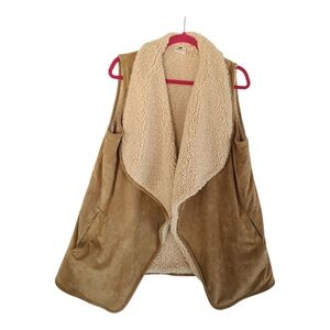 Marleylilly Cozy Open Front Tan Sherpa Vest Suede Like Feel L/XL
